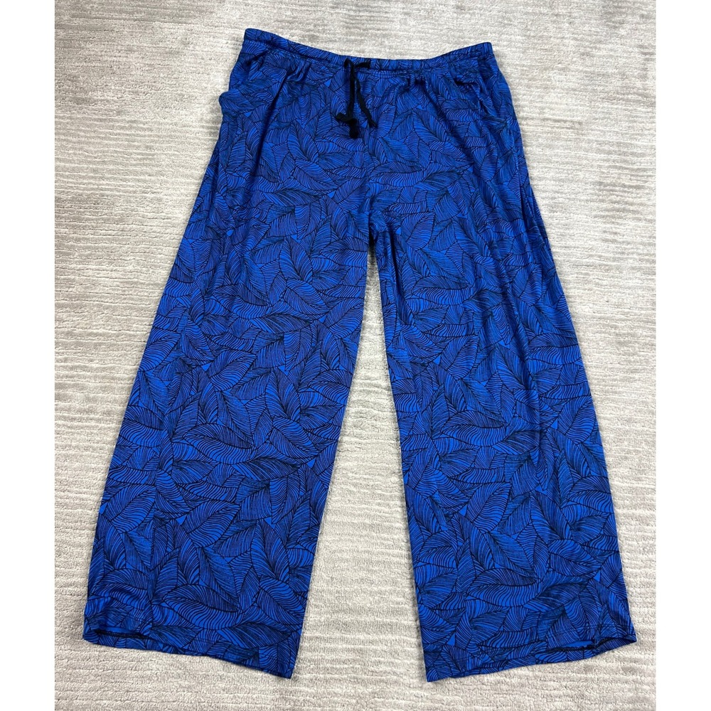 Intimates Pajama Pants Womens Large Blue Leaf Print Wide Leg Lounge Stretch